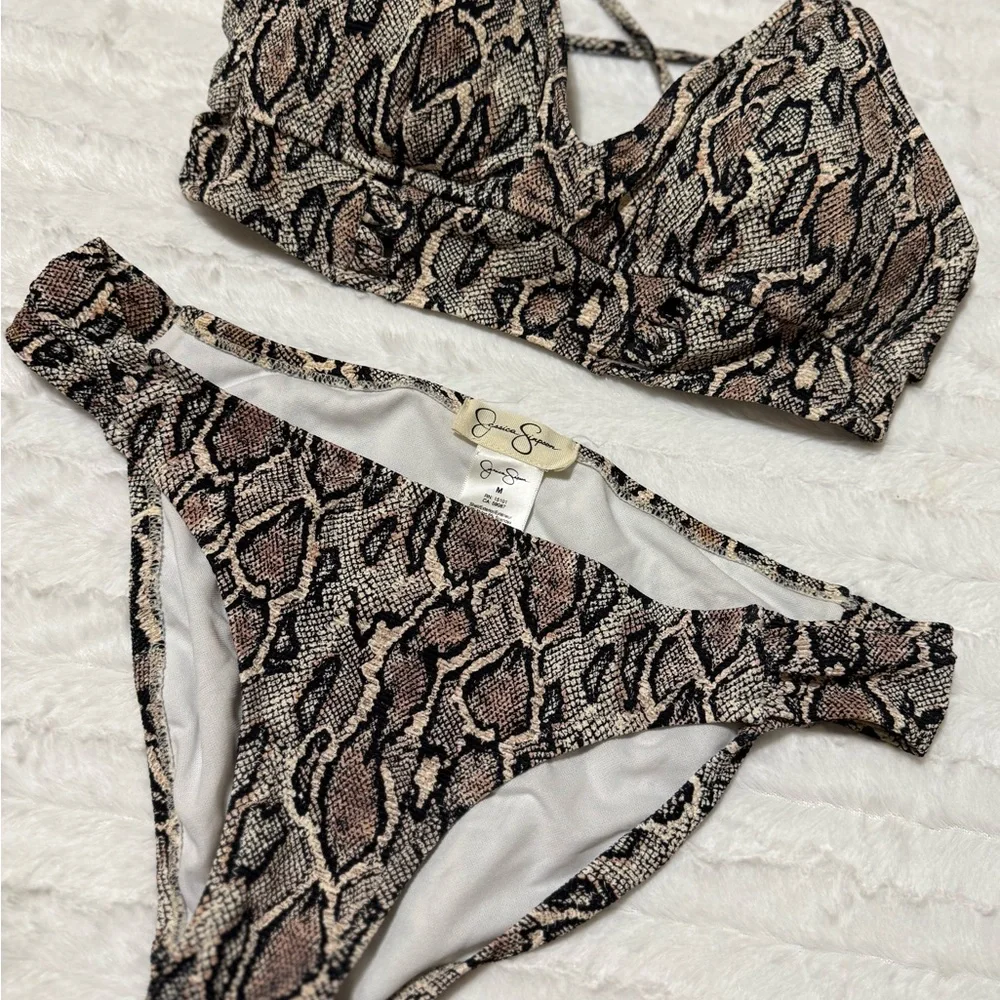 Jessica Simpson Snake Print Bikini Black and Cream - Picture 1 of 7